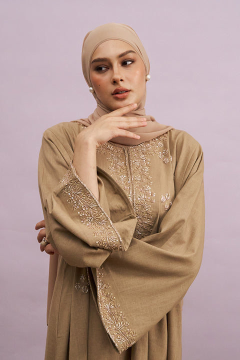Tashkent Hand-Beaded Linen Abaya in Heather