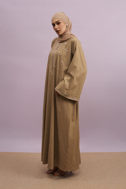 Tashkent Hand-Beaded Linen Abaya in Heather