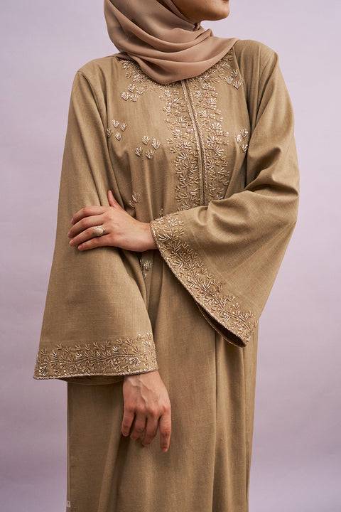 Tashkent Hand-Beaded Linen Abaya in Heather