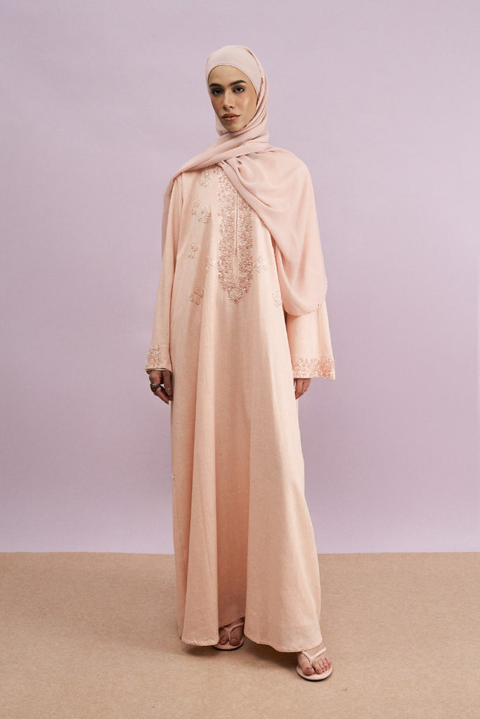 Tashkent Hand-Beaded Linen Abaya in Russet Peach