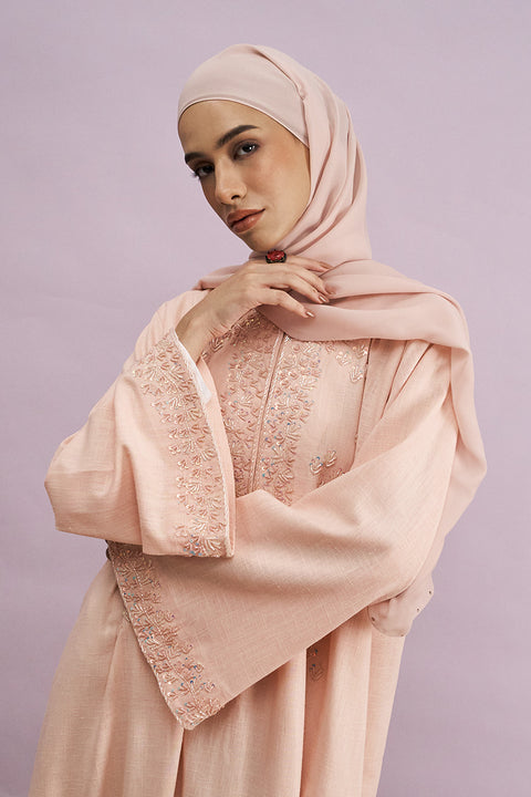 Tashkent Hand-Beaded Linen Abaya in Russet Peach