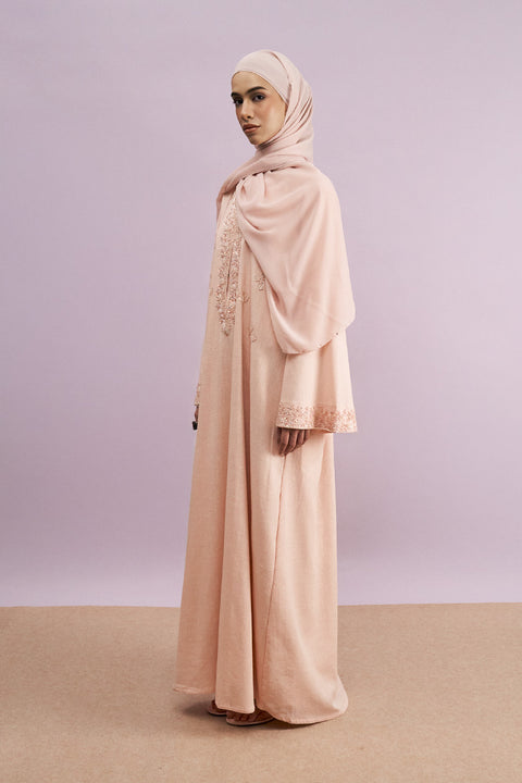Tashkent Hand-Beaded Linen Abaya in Russet Peach