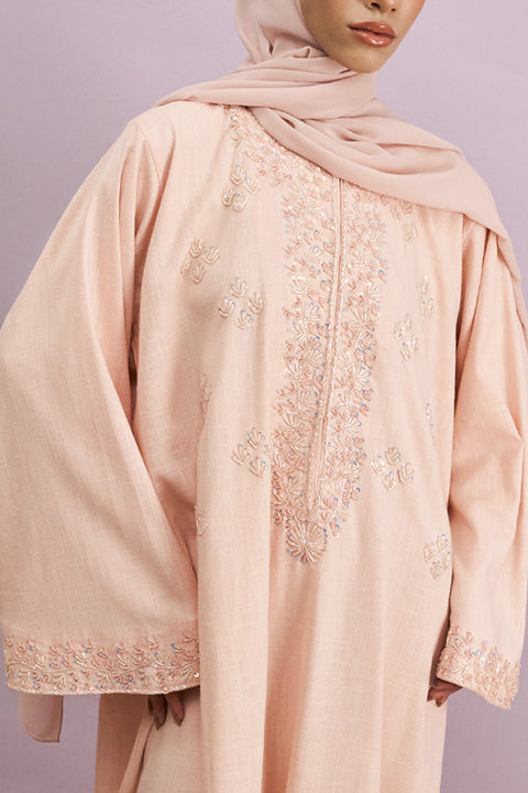 Tashkent Hand-Beaded Linen Abaya in Russet Peach