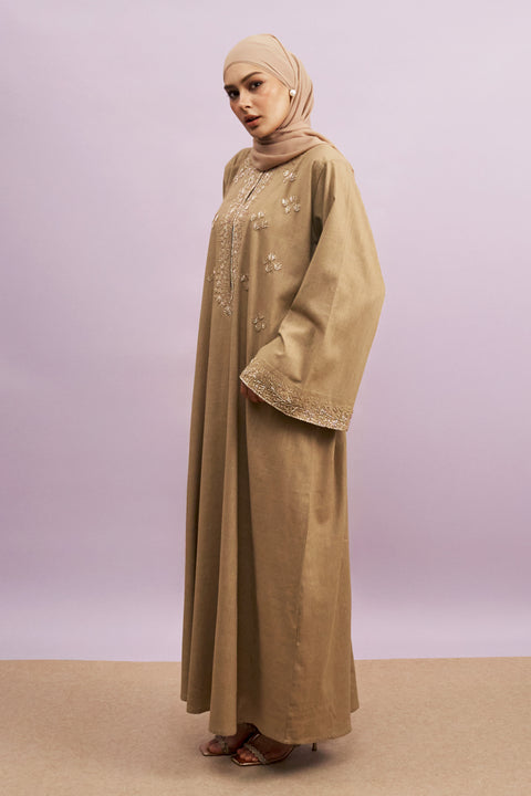 Tashkent Hand-Beaded Linen Abaya in Heather