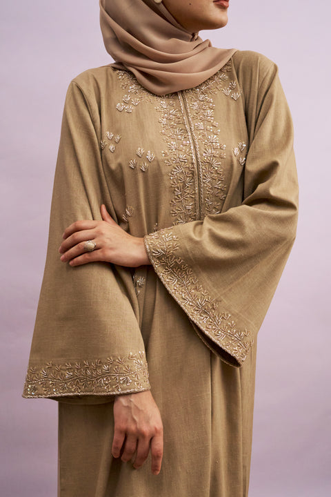 Tashkent Hand-Beaded Linen Abaya in Heather