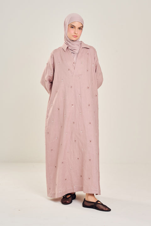 Tafila Embroidered Linen Dress in Dusty Pink