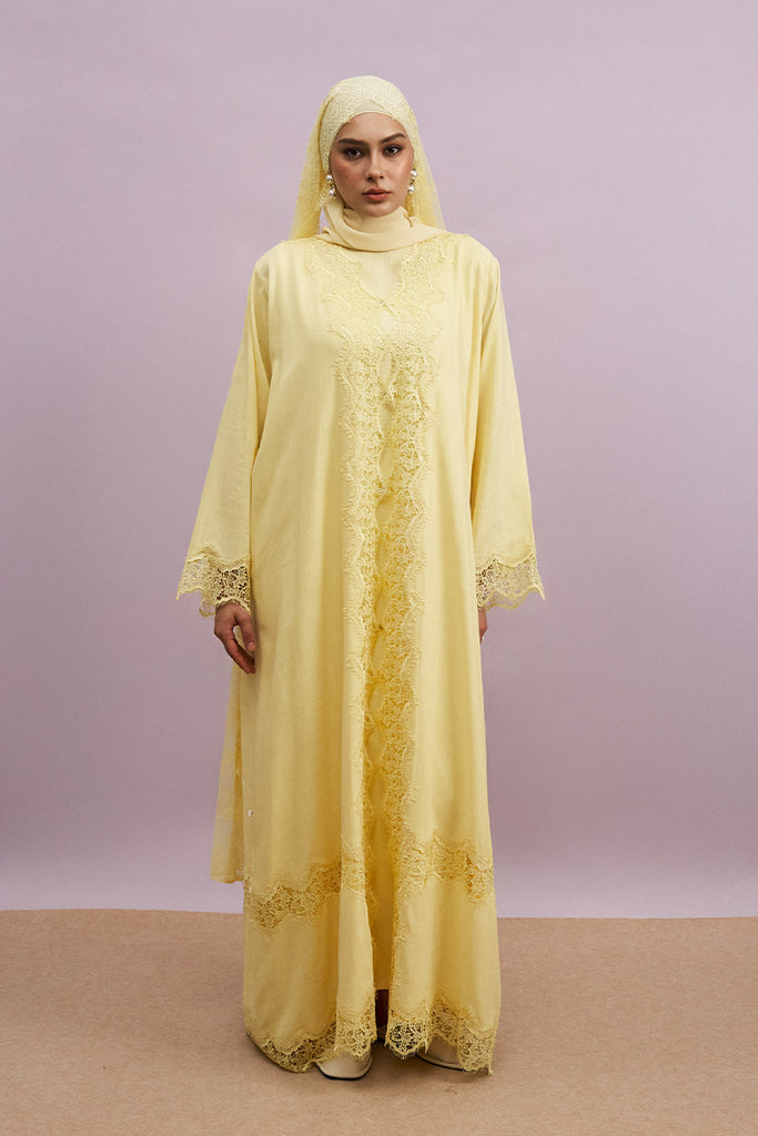Tirana 2-Piece Linen Lace Abaya Set in Butter Yellow