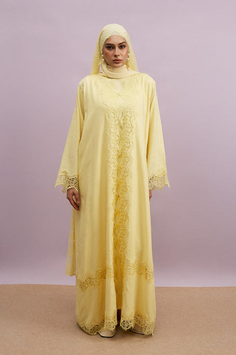 Tirana 2-Piece Linen Lace Abaya Set in Butter Yellow