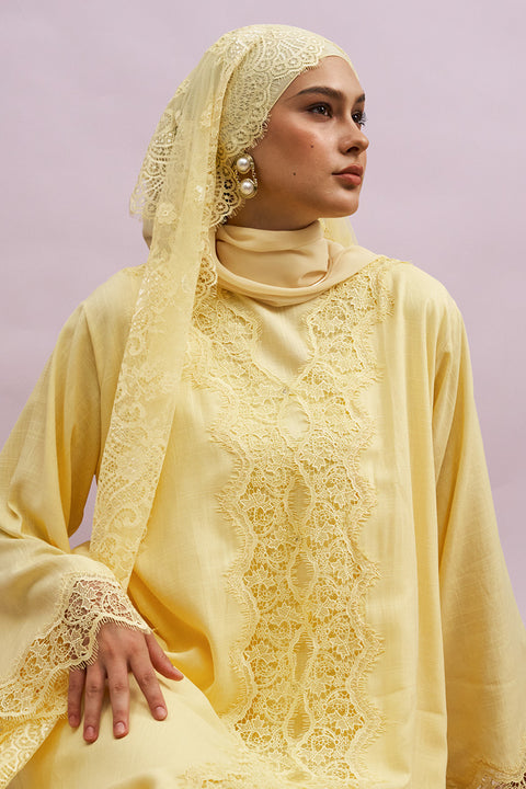 Tirana 2-Piece Linen Lace Abaya Set in Butter Yellow