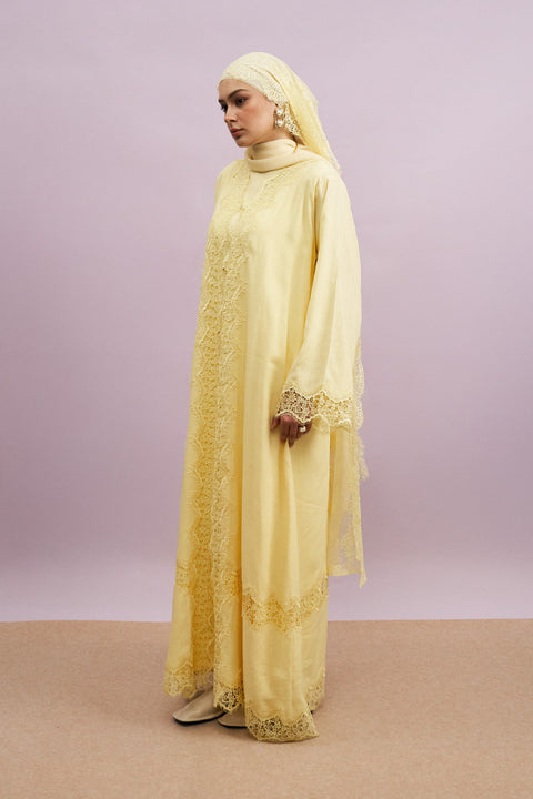 Tirana 2-Piece Linen Lace Abaya Set in Butter Yellow