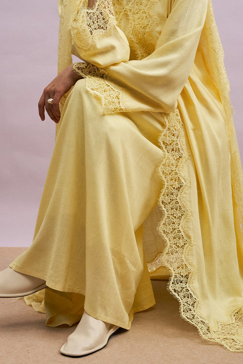 Tirana 2-Piece Linen Lace Abaya Set in Butter Yellow