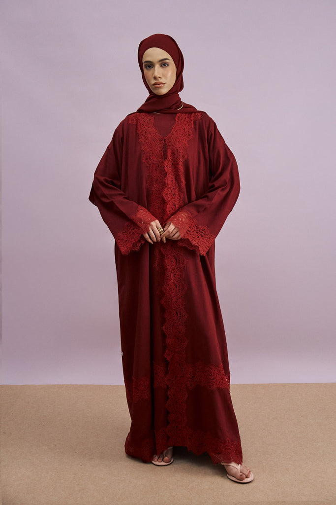 Tirana 2-Piece Linen Lace Abaya Set in Cherrywood