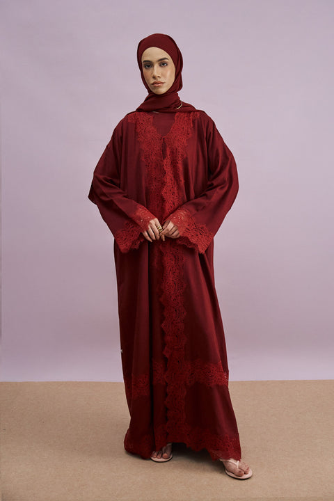 Tirana 2-Piece Linen Lace Abaya Set in Cherrywood