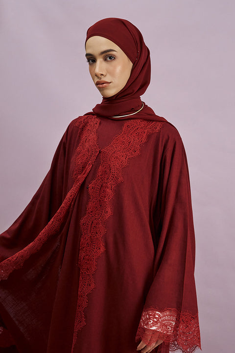 Tirana 2-Piece Linen Lace Abaya Set in Cherrywood