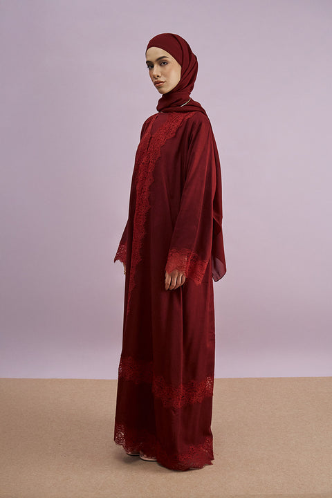 Tirana 2-Piece Linen Lace Abaya Set in Cherrywood