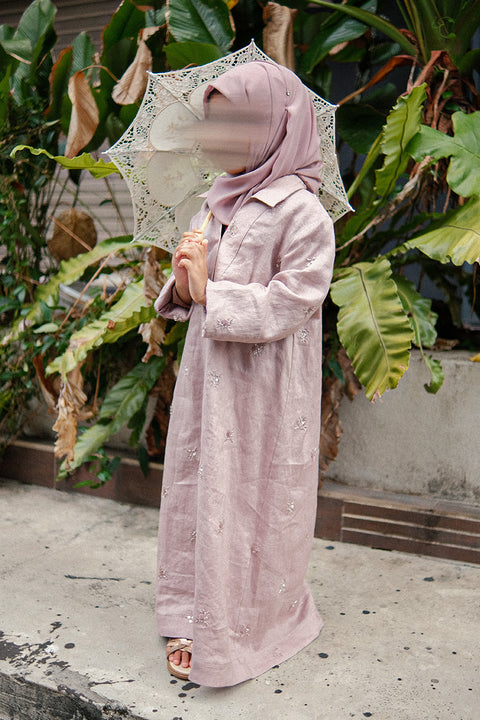 Tafila Embroidered Kids Linen Dress in Dusty Pink