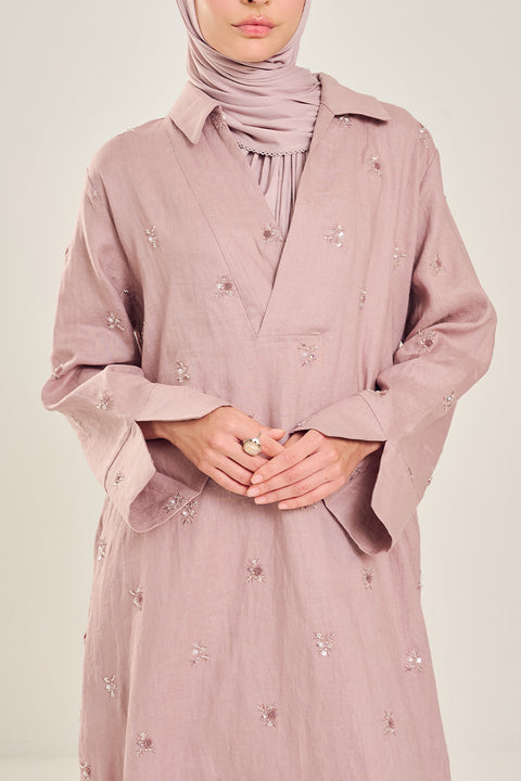 Tafila Embroidered Linen Dress in Dusty Pink