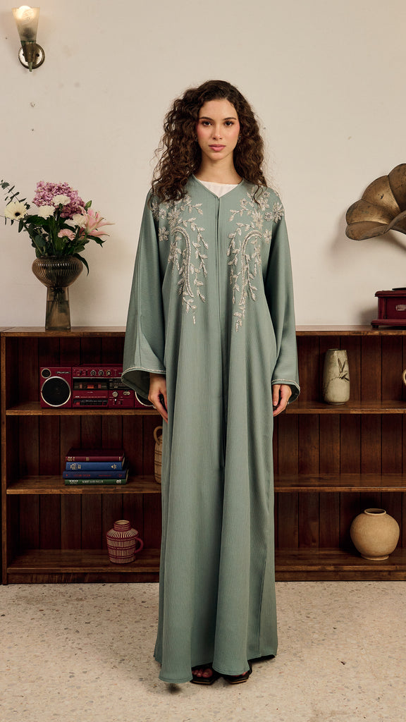 Korean Zoom Wafra Sage Green Abaya